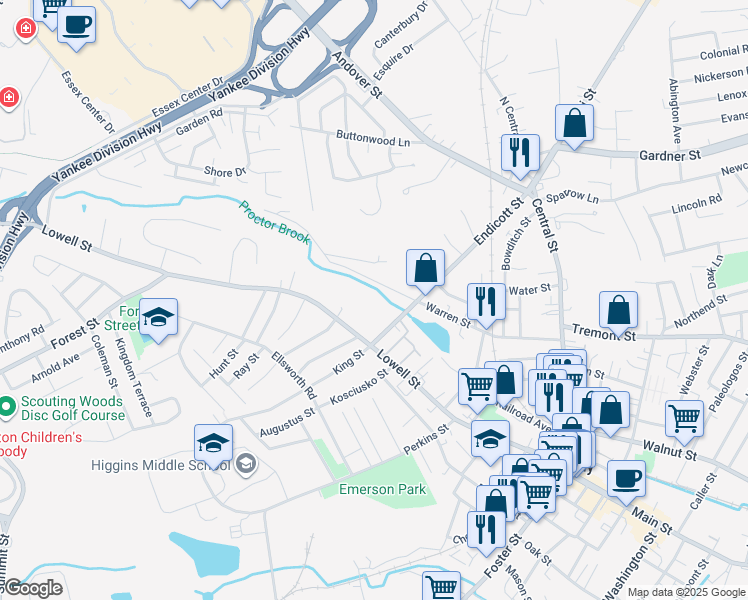 map of restaurants, bars, coffee shops, grocery stores, and more near 151R Lowell Street in Peabody