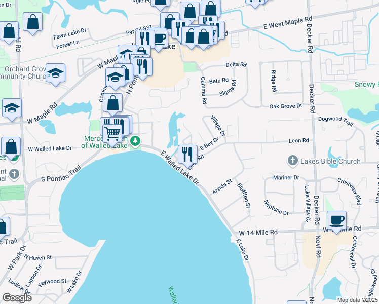 map of restaurants, bars, coffee shops, grocery stores, and more near 165 East Bay Drive in Walled Lake