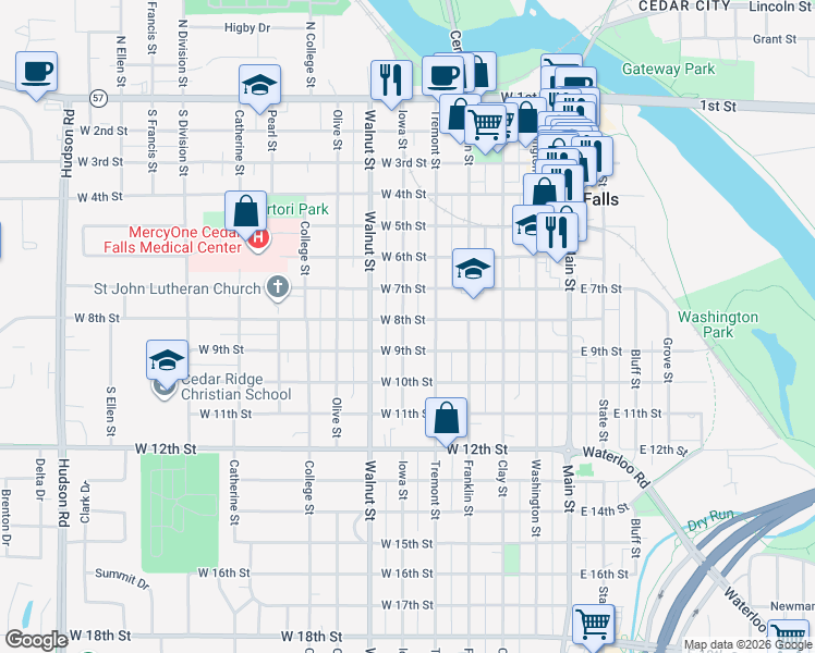 map of restaurants, bars, coffee shops, grocery stores, and more near 809 Iowa Street in Cedar Falls