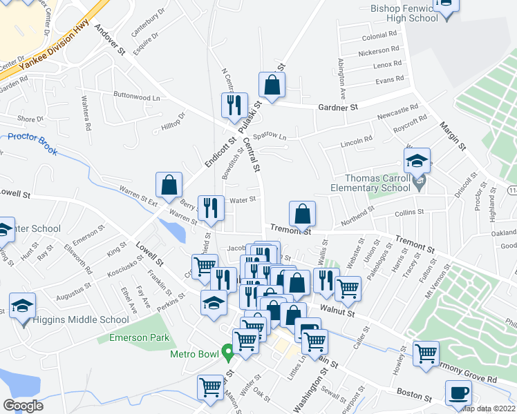 map of restaurants, bars, coffee shops, grocery stores, and more near 72 Central Street in Peabody