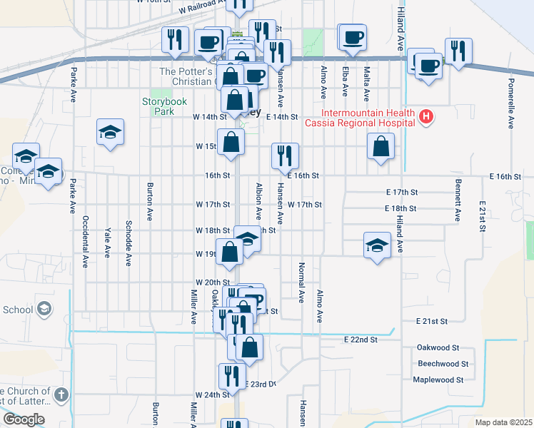map of restaurants, bars, coffee shops, grocery stores, and more near 1727 Albion Avenue in Burley