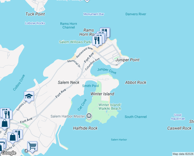 map of restaurants, bars, coffee shops, grocery stores, and more near 3A Winter Island Road in Salem