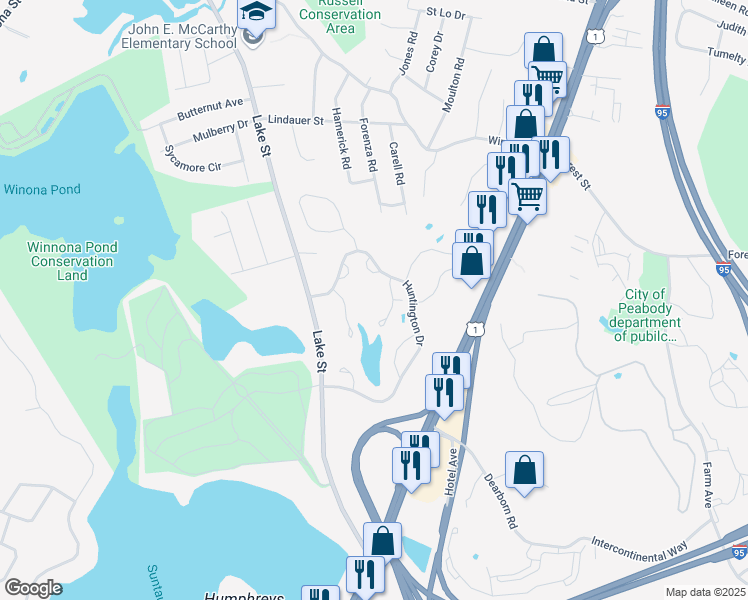 map of restaurants, bars, coffee shops, grocery stores, and more near 2802 Postgate Lane in Peabody