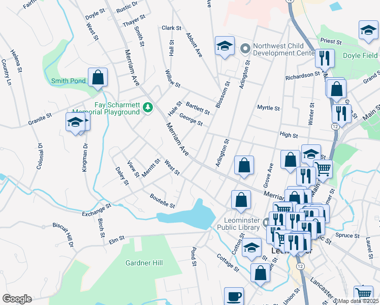 map of restaurants, bars, coffee shops, grocery stores, and more near 220 Merriam Avenue in Leominster