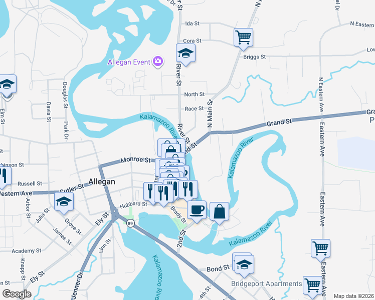 map of restaurants, bars, coffee shops, grocery stores, and more near 83 Grand Street in Allegan