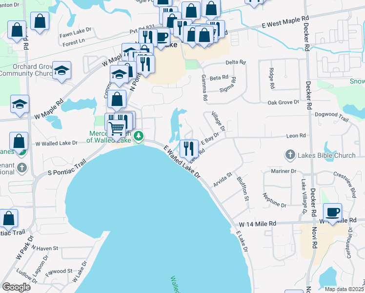 map of restaurants, bars, coffee shops, grocery stores, and more near 111 Sandy Lane in Walled Lake