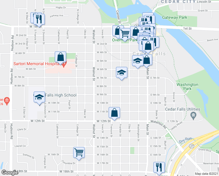 map of restaurants, bars, coffee shops, grocery stores, and more near 803-805 Tremont Street in Cedar Falls