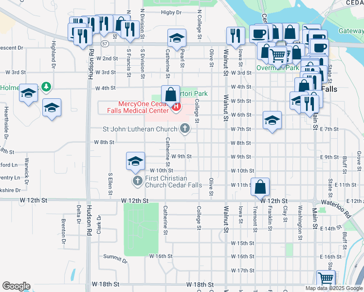 map of restaurants, bars, coffee shops, grocery stores, and more near 1006 West 8th Street in Cedar Falls
