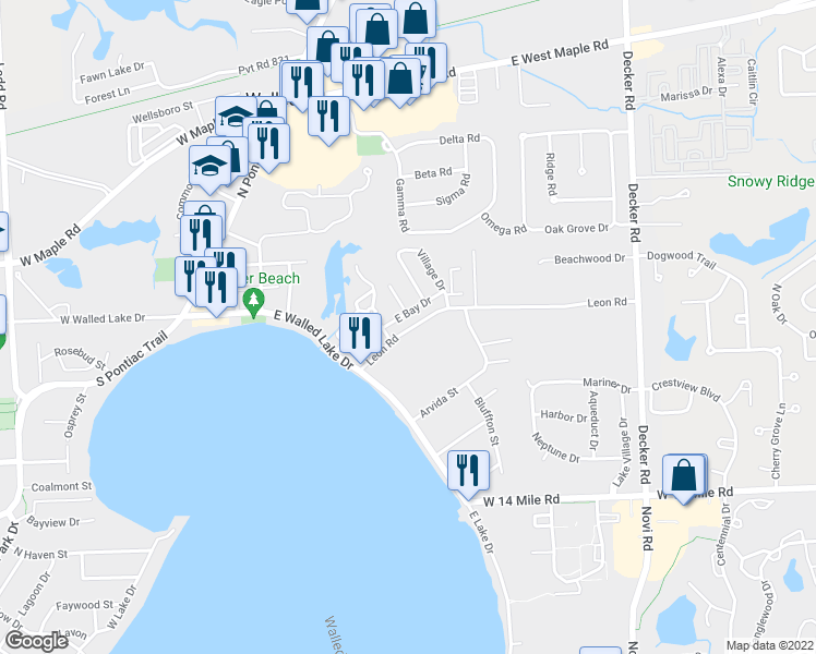 map of restaurants, bars, coffee shops, grocery stores, and more near 311 Leon Road in Walled Lake