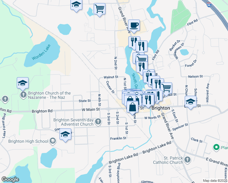 map of restaurants, bars, coffee shops, grocery stores, and more near 303 North 3rd Center in Brighton
