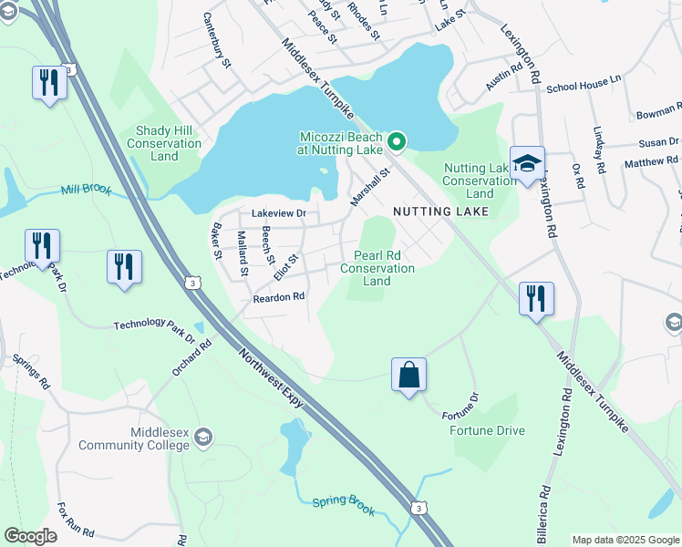 map of restaurants, bars, coffee shops, grocery stores, and more near 31 Arey Street in Billerica