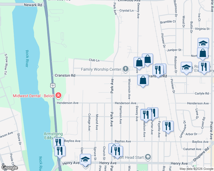 map of restaurants, bars, coffee shops, grocery stores, and more near 825 Homeland Court in Beloit