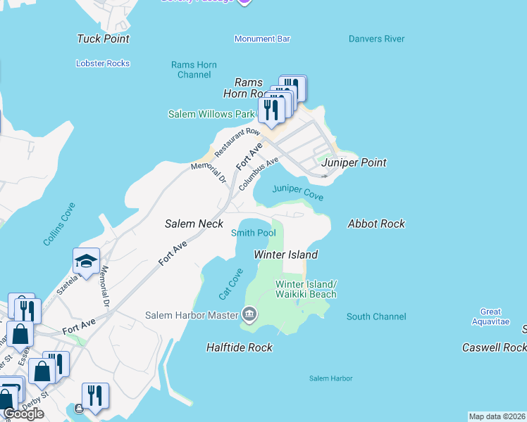 map of restaurants, bars, coffee shops, grocery stores, and more near 3A Winter Island Road in Salem