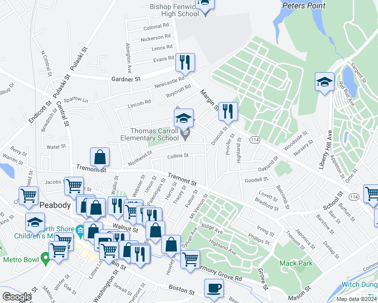 map of restaurants, bars, coffee shops, grocery stores, and more near 14 Collins Street in Peabody