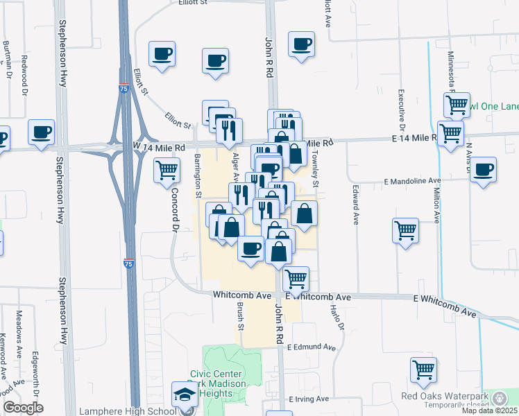 map of restaurants, bars, coffee shops, grocery stores, and more near 32415 John R Road in Madison Heights