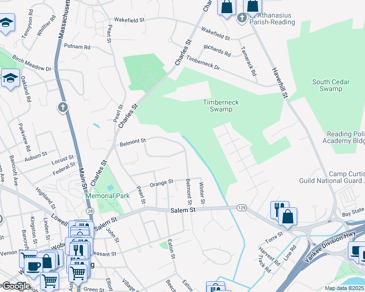 map of restaurants, bars, coffee shops, grocery stores, and more near 94 Belmont St in Reading