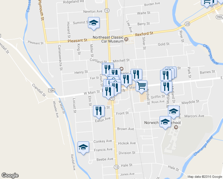 map of restaurants, bars, coffee shops, grocery stores, and more near South Broad Street & West Main Street in Norwich
