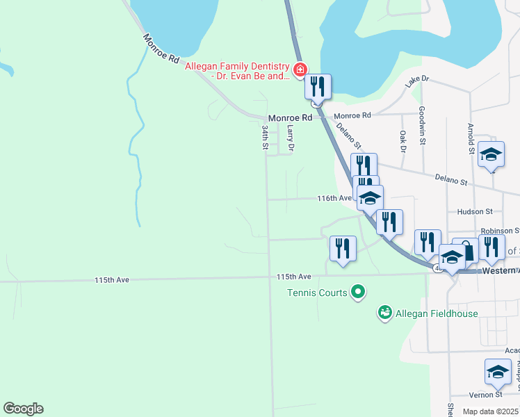 map of restaurants, bars, coffee shops, grocery stores, and more near 1556 34th Street in Allegan