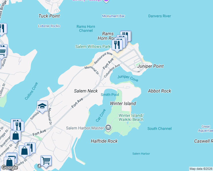 map of restaurants, bars, coffee shops, grocery stores, and more near 15 Columbus Square in Salem