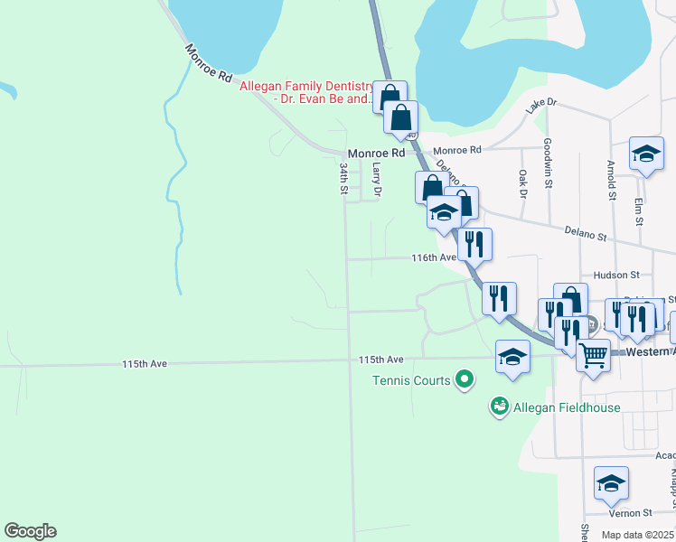 map of restaurants, bars, coffee shops, grocery stores, and more near 1556 34th Street in Allegan