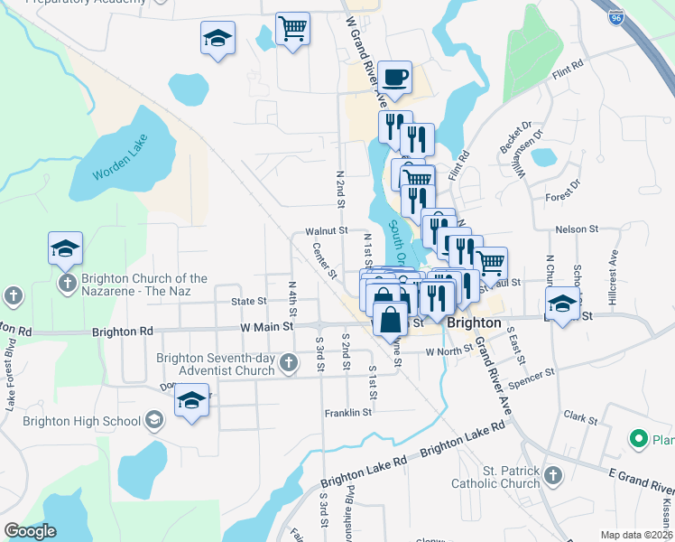 map of restaurants, bars, coffee shops, grocery stores, and more near 303 North 3rd Center in Brighton