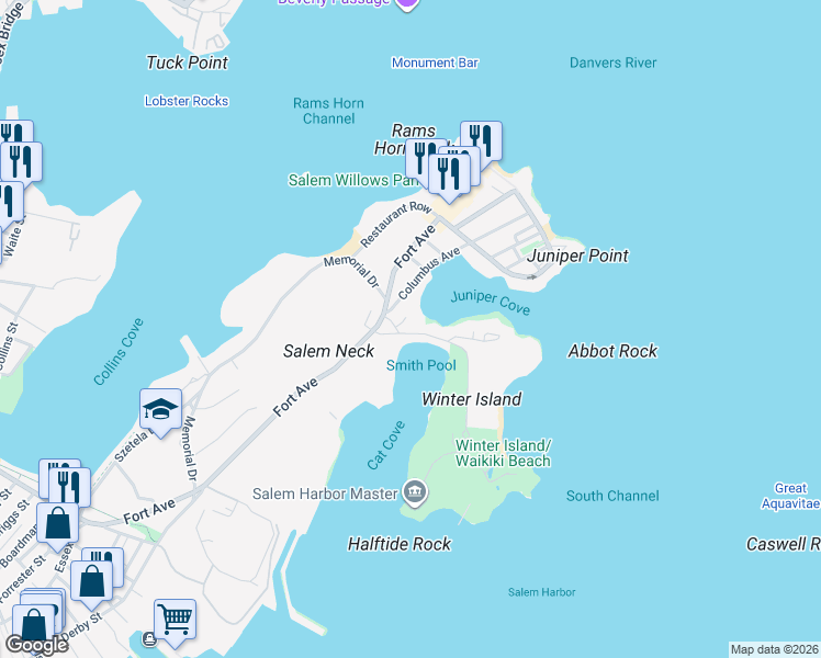 map of restaurants, bars, coffee shops, grocery stores, and more near 15 Columbus Square in Salem