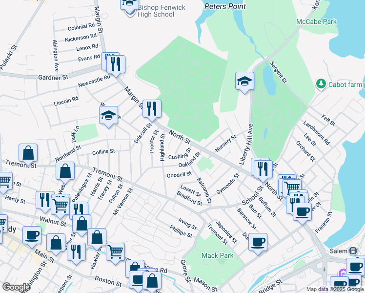 map of restaurants, bars, coffee shops, grocery stores, and more near 6 Cushing Street in Salem