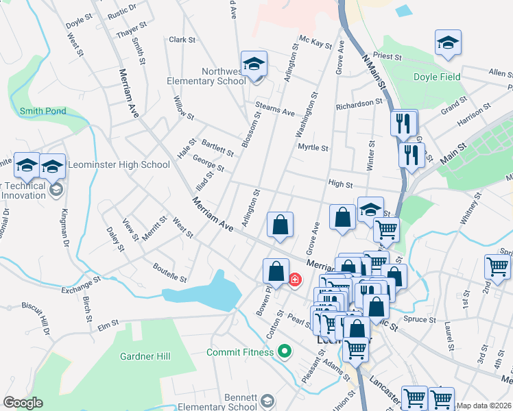 map of restaurants, bars, coffee shops, grocery stores, and more near 24 Arlington Street in Leominster