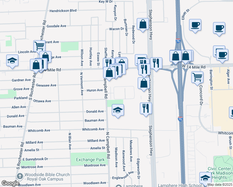 map of restaurants, bars, coffee shops, grocery stores, and more near 1708 Midtown Circle in Madison Heights