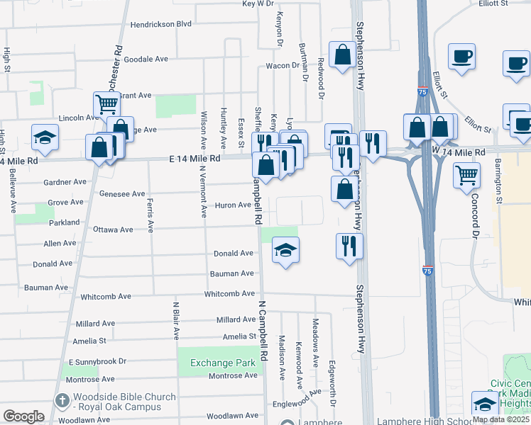 map of restaurants, bars, coffee shops, grocery stores, and more near 1708 Midtown Circle in Madison Heights