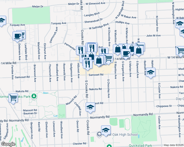 map of restaurants, bars, coffee shops, grocery stores, and more near 230 South Batchewana Avenue in Clawson
