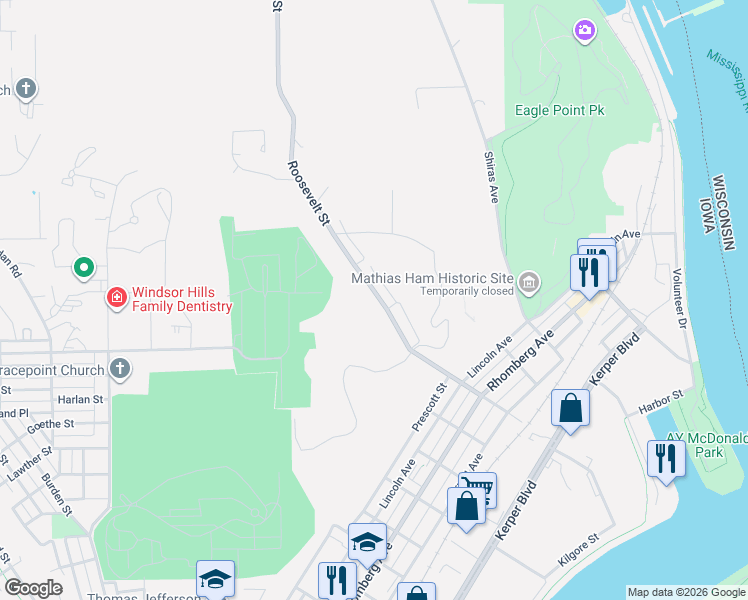 map of restaurants, bars, coffee shops, grocery stores, and more near 2322 Roosevelt Street in Dubuque
