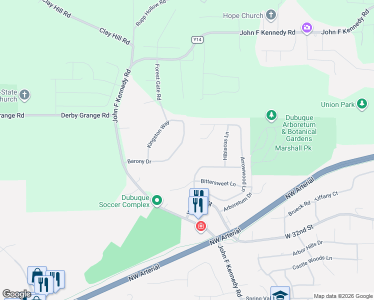 map of restaurants, bars, coffee shops, grocery stores, and more near 12376 Barony Drive in Dubuque
