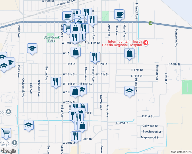 map of restaurants, bars, coffee shops, grocery stores, and more near 1801 Hansen Avenue in Burley