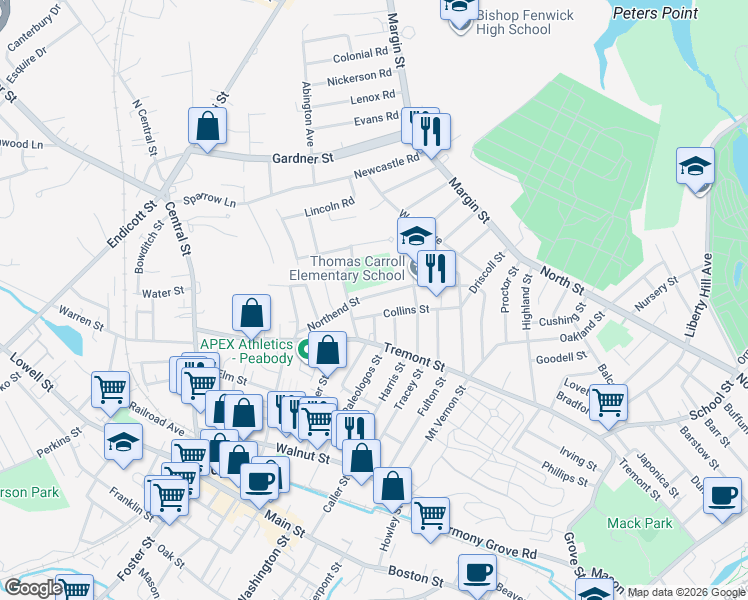 map of restaurants, bars, coffee shops, grocery stores, and more near 30 Collins Street in Peabody