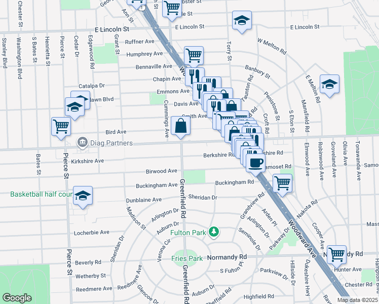 map of restaurants, bars, coffee shops, grocery stores, and more near 4459 Berkshire Road in Royal Oak