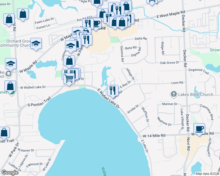 map of restaurants, bars, coffee shops, grocery stores, and more near 165 East Bay Drive in Walled Lake