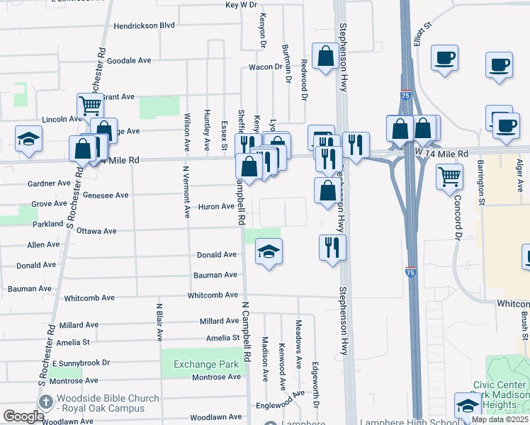 map of restaurants, bars, coffee shops, grocery stores, and more near 1712 Midtown Circle in Royal Oak