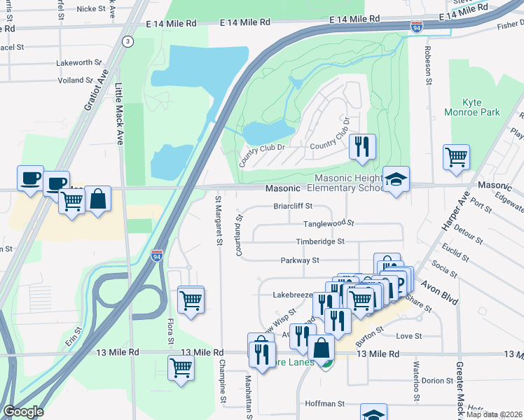 map of restaurants, bars, coffee shops, grocery stores, and more near 21301 Tanglewood Street in St. Clair Shores