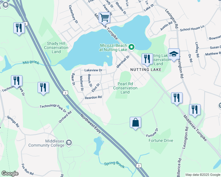 map of restaurants, bars, coffee shops, grocery stores, and more near 31 Arey Street in Billerica