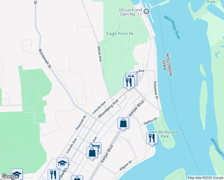 map of restaurants, bars, coffee shops, grocery stores, and more near 2241 Lincoln Avenue in Dubuque