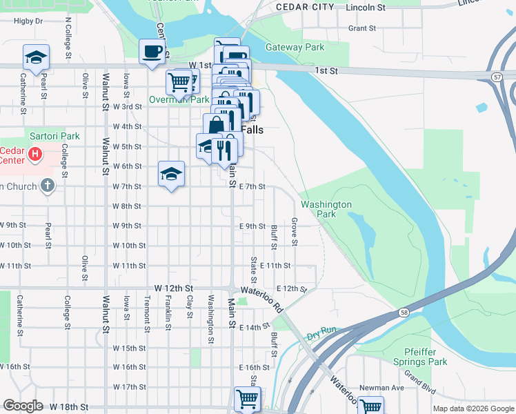 map of restaurants, bars, coffee shops, grocery stores, and more near 802 State Street in Cedar Falls