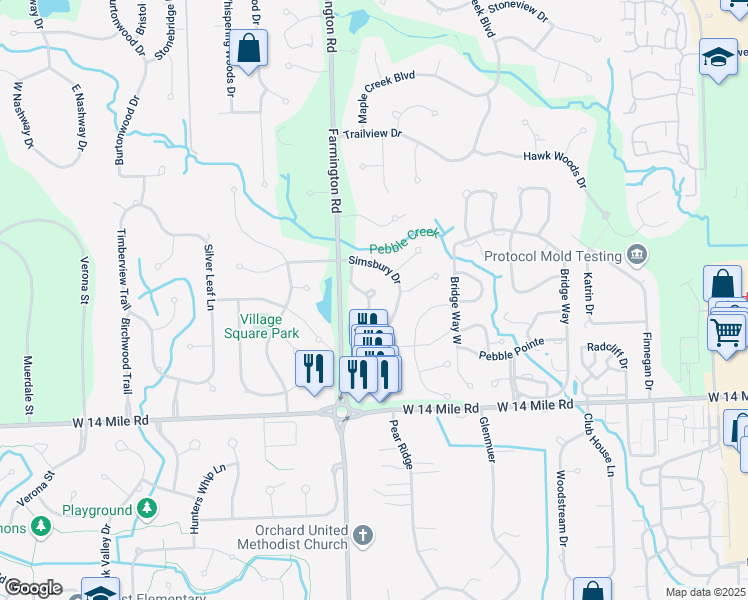 map of restaurants, bars, coffee shops, grocery stores, and more near 7318 Danbury Drive in West Bloomfield Township
