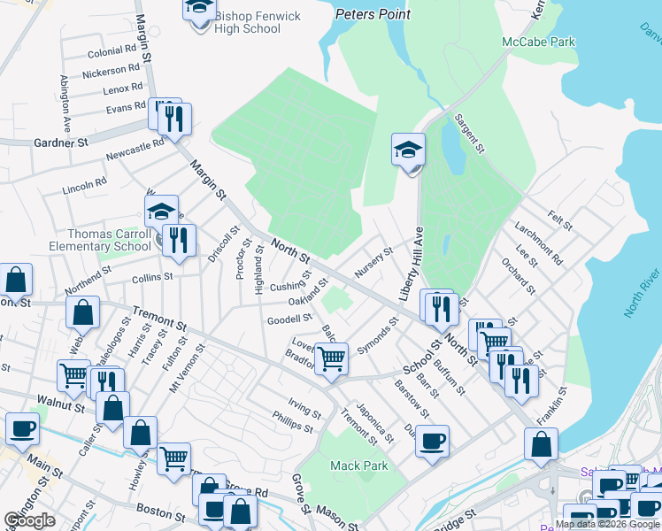 map of restaurants, bars, coffee shops, grocery stores, and more near 209 North Street in Salem