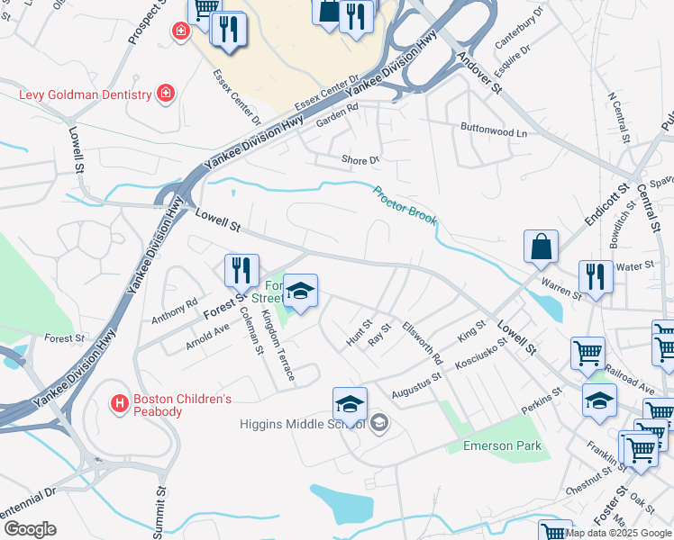 map of restaurants, bars, coffee shops, grocery stores, and more near 210 Lowell Street in Peabody