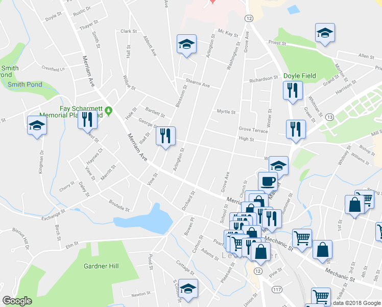 map of restaurants, bars, coffee shops, grocery stores, and more near 61 Washington Street in Leominster