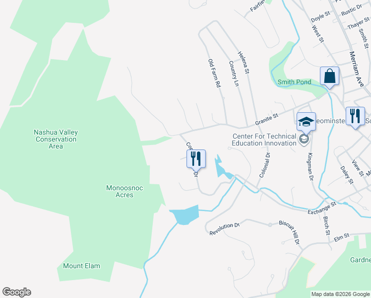 map of restaurants, bars, coffee shops, grocery stores, and more near 96 Constitution Drive in Leominster