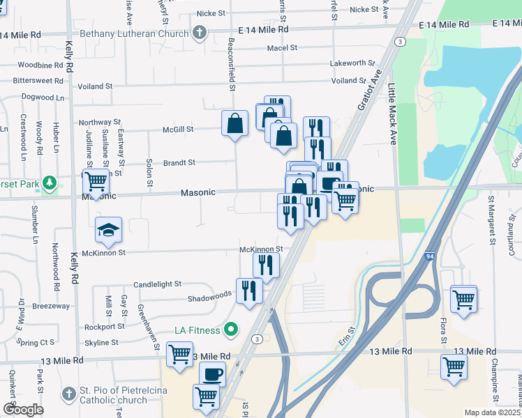 map of restaurants, bars, coffee shops, grocery stores, and more near 19652 Jerome Street in Roseville