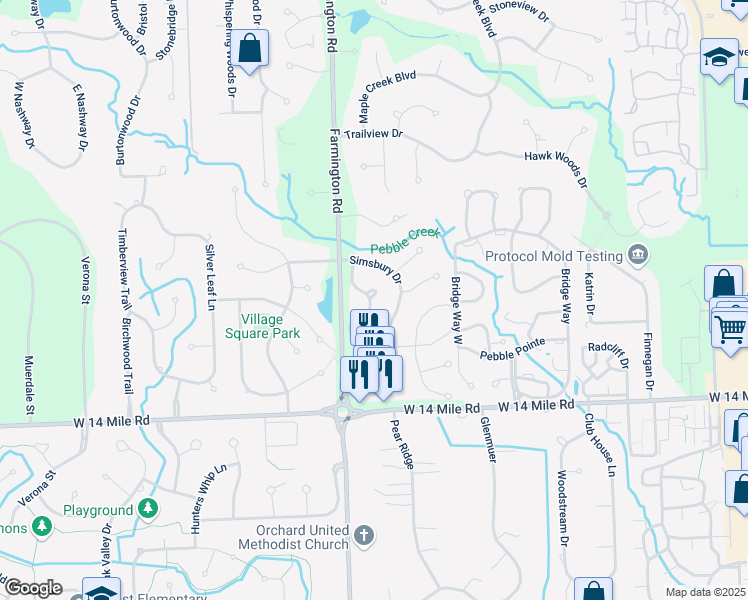 map of restaurants, bars, coffee shops, grocery stores, and more near 7318 Danbury Drive in West Bloomfield Township