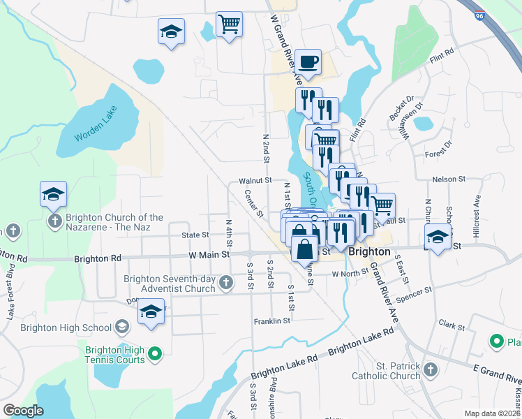 map of restaurants, bars, coffee shops, grocery stores, and more near 303 North 3rd Center in Brighton
